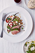 Pistachio Lamb, Grilled Baby Aubergine, Bulghur Wheat Salad